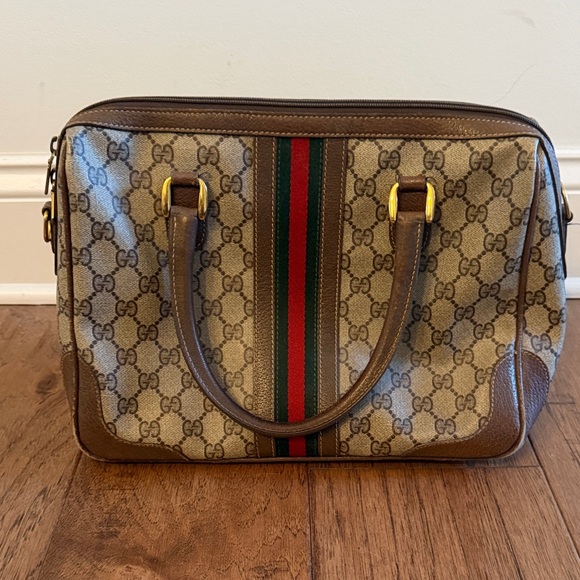 Vintage Gucci Boston Bag Beige and Brown Canvas Handbag with Green-Red Stripe - Picture 5 of 11